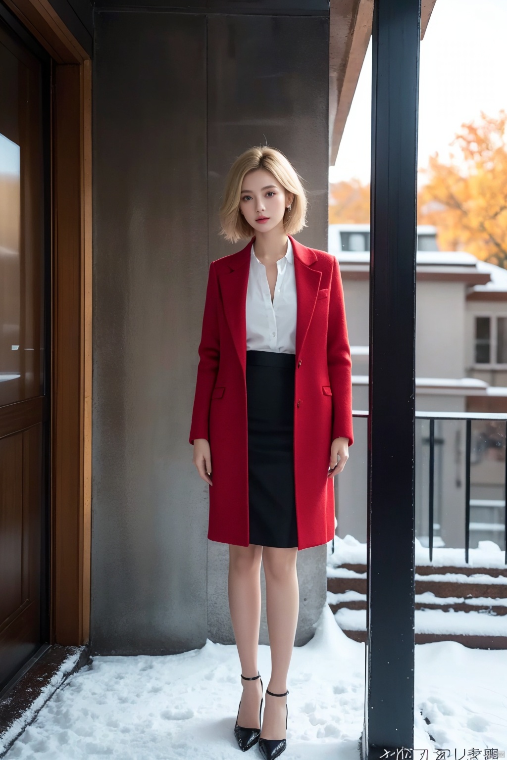 Outdoor scenery,  snow view,  long shot,  girl,  front, Big long legs,  Little Feet,  Hands spread flat,  Standing,  transparent red wool coat,  pretty face,  short hair,  blonde hair,  (photo reality: 1.3),  Edge lighting,  (high detail skin: 1.2),  8K Ultra HD,  high quality,  high resolution,  the best ratio of four fingers and a thumb,  (photo reality: 1.3),  white shirt inside,  big chest,  advanced feeling,  texture full,  a girl,  magic eyes,  black   stockings,  pencil skirt,  high heels,