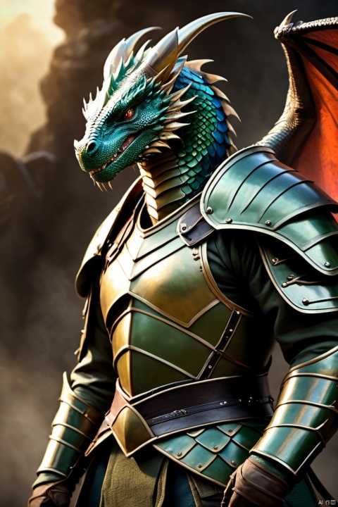 The body structure of the Image Dragon is similar to that of humans, with strong muscles and a tall figure. Their skin is covered with unique, colorful scales, like a beautiful painting. These scales have strong defensive capabilities, capable of withstanding most physical attacks.This description depicts a peculiar scene where an anthropomorphic Dragon is dressed in military gear, ready for battle. Its military uniform, armor, and weapons are meticulously designed to showcase its soldierly image. The atmosphere of war is enhanced through the use of chiaroscuro and color rendering, making the scene filled with tension.