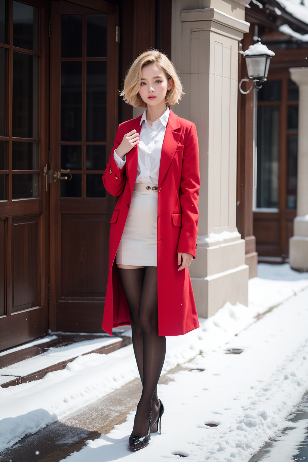 Outdoor scenery,  snow view,  long shot,  girl,  front, Big long legs,  Little Feet,  Hands spread flat,  Standing,  transparent red wool coat,  pretty face,  short hair,  blonde hair,  (photo reality: 1.3),  Edge lighting,  (high detail skin: 1.2),  8K Ultra HD,  high quality,  high resolution,  the best ratio of four fingers and a thumb,  (photo reality: 1.3),  white shirt inside,  big chest,  advanced feeling,  texture full,  a girl,  magic eyes,  black   stockings,  pencil skirt,  high heels,