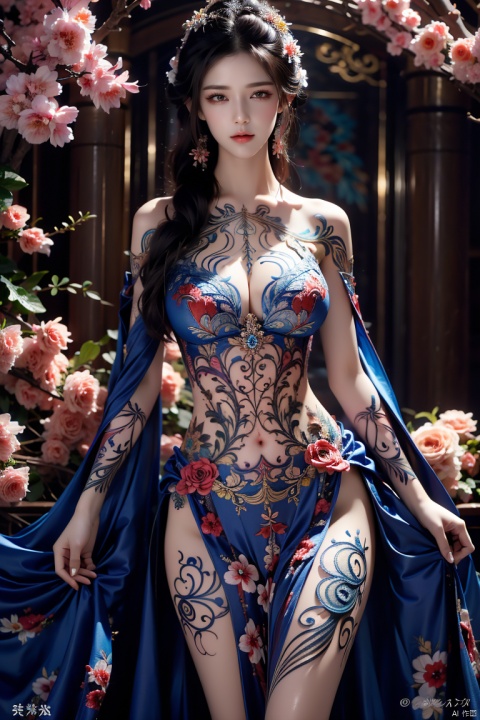  offcial art, colorful, Colorful background, splash of color, A beautiful woman with delicate facial features, The chest is large, tattoo all over body, Flower arms, Colorful and colorful silks cover the body, The looming body, Sideways photo,SAIYA,((Ylvi-Tattoos,tattoos))
