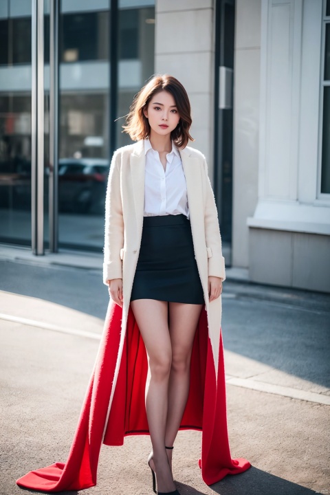 Outdoor scenery,  snow view,  long shot,  girl,  front, Big long legs,  Little Feet,  Hands spread flat,  Standing,  transparent red wool coat,  pretty face,  short hair,  blonde hair,  (photo reality: 1.3),  Edge lighting,  (high detail skin: 1.2),  8K Ultra HD,  high quality,  high resolution,  the best ratio of four fingers and a thumb,  (photo reality: 1.3),  white shirt inside,  big chest,  advanced feeling,  texture full,  a girl,  magic eyes,  black   stockings,  pencil skirt,  high heels,
