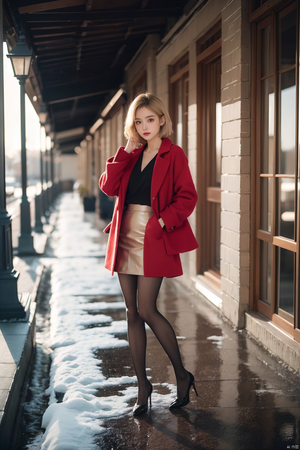 Outdoor scenery,  snow view,  long shot,  girl,  front, Big long legs,  Little Feet,  Hands spread flat,  Standing,  transparent red wool coat,  pretty face,  short hair,  blonde hair,  (photo reality: 1.3),  Edge lighting,  (high detail skin: 1.2),  8K Ultra HD,  high quality,  high resolution,  the best ratio of four fingers and a thumb,  (photo reality: 1.3),  white shirt inside,  big chest,  advanced feeling,  texture full,  a girl,  magic eyes,  black   stockings,  pencil skirt,  high heels,