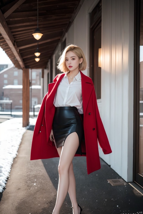 Outdoor scenery,  snow view,  long shot,  girl,  front, Big long legs,  Little Feet,  Hands spread flat,  Standing,  transparent red wool coat,  pretty face,  short hair,  blonde hair,  (photo reality: 1.3),  Edge lighting,  (high detail skin: 1.2),  8K Ultra HD,  high quality,  high resolution,  the best ratio of four fingers and a thumb,  (photo reality: 1.3),  white shirt inside,  big chest,  advanced feeling,  texture full,  a girl,  magic eyes,  black   stockings,  pencil skirt,  high heels,