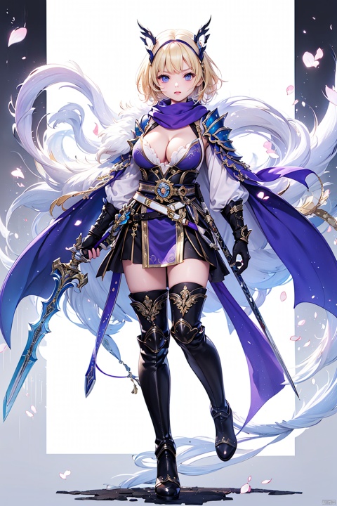 1girl, solo, breasts, looking at viewer, short hair, bangs, blue eyes, blonde hair, large breasts, thighhighs, gloves, holding, cleavage, medium breasts, purple eyes, full body, weapon, boots, black gloves, belt, sword, scarf, holding weapon, armor, sash, mask, thigh boots, polearm, mouth mask
