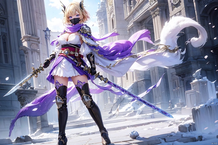  1girl, solo, breasts, looking at viewer, short hair, bangs, blue eyes, blonde hair, large breasts, thighhighs, gloves, holding, cleavage, medium breasts, purple eyes, full body, weapon, boots, black gloves, belt, sword, scarf, holding weapon, armor, sash, mask, thigh boots, polearm, mouth mask