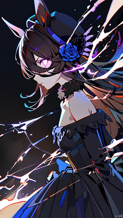  rice_shower (umamusume),
endou_okito,ciloranko,ask_(askzy),from_side,
1girl,solo,hair_over_one_eye,purple_eyes,hat_flower,blue_rose,off-shoulder,serious,black_theme, glowing eye, flaming eye,eye trail, light trail,
masterpiece,best quality,absurdres,