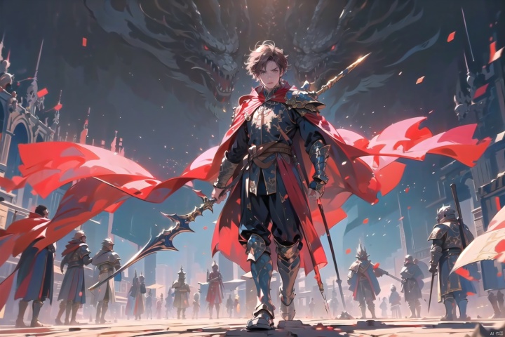 solo, looking at viewer, short hair, brown hair, 1boy, holding, standing, full body, weapon, male focus, boots, cape, holding weapon, armor, black background, shoulder armor, gauntlets, pauldrons, breastplate, red cape, flag, armored boots, greaves, gold armor