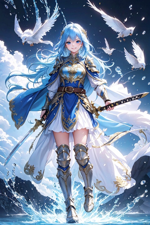 1girl, solo, long hair, looking at viewer, smile, blue eyes, dress, holding, blue hair, full body, weapon, boots, belt, sword, holding weapon, armor, capelet, holding sword, breastplate, brown dress