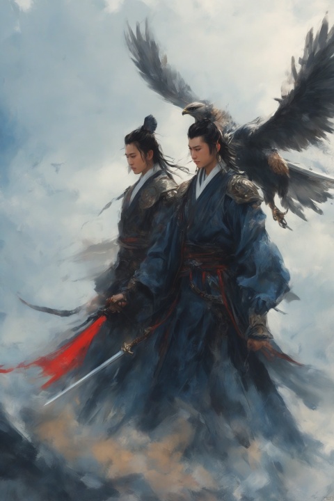  (Masterpiece, best picture quality), a giant falcon in the sky, a young handsome swordsman along with beautiful young woman by his side (((young swordsman, and young beautifyl woman))), (((a giant falcon flying in the sky along with man and woman)))
ultra high definition photo quality, shanhaijing, BJ_Sacred_beast, Chinese_armor, Illustration, gugong, ananmo, Swordsman