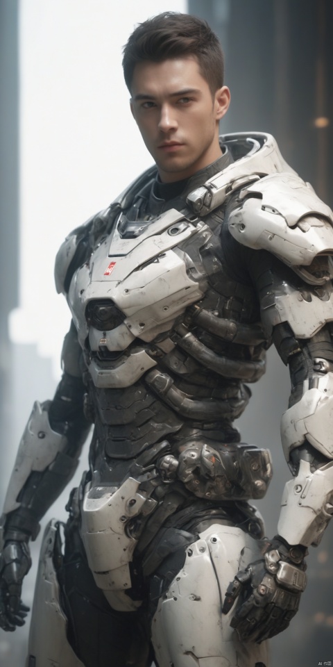  a young man, handsome, futuristic, heavy robotic armor, one hand holding heavy gun clutch over shoulder.
High quality, 8K high definition, ultra realistic, rossball