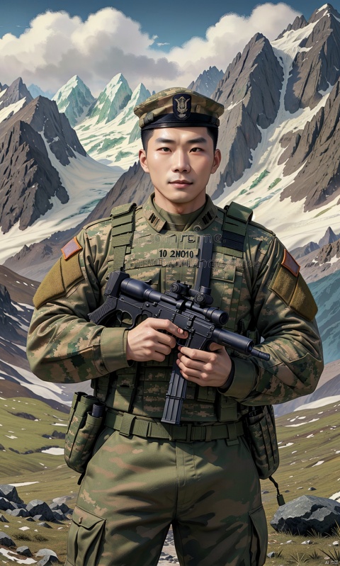  1 Chinese people liberated army soldier both hand holding QBZ95-1 assualt riffle, fully combat attires, fully combat equipement, ((masterpiece)), ((best quality)), ((illustration)), lianmo_nan, hand101, LianmoNan, background is standing by the high mountain side ((mountain side background:1.1)), jzns,