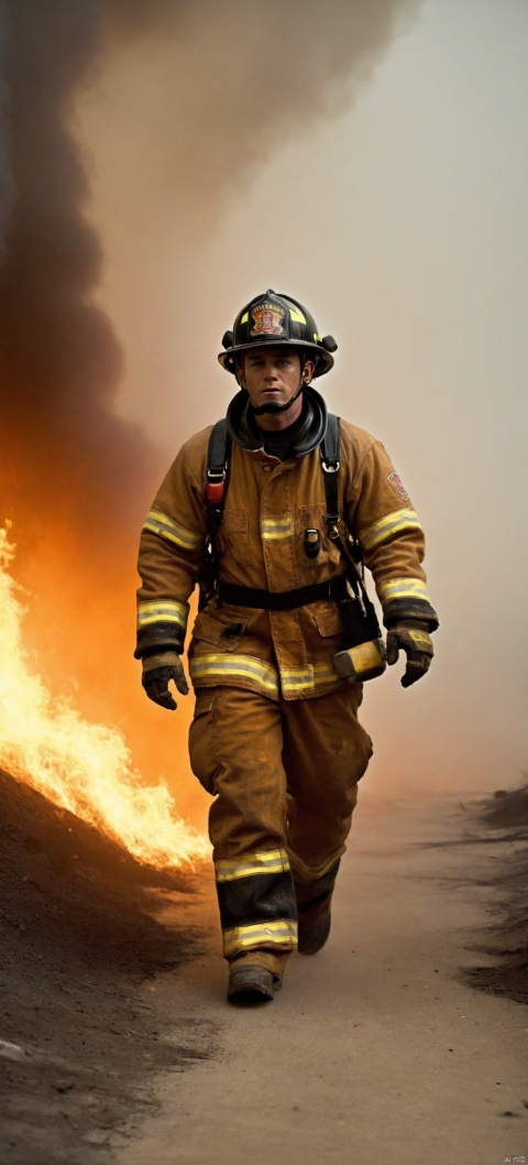  ((masterpiece)), ((best quality)), photo realistic quality, one fire fighter walking out of burning building smoke everywhere (face smeared with black dirt everywhere:1.1)(hands of the firemen fill with dirt:1.1)(firemen outfit fill with dirt:1.1), , LianmoNan, firemenoutfit, firemen helmet, MenEro ((full body shot:1.1)) walking away from buring building