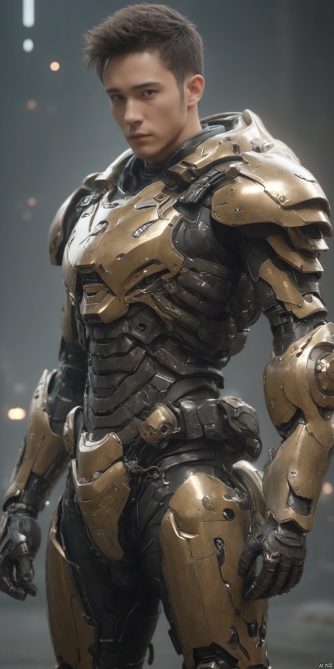  a young man, handsome, futuristic, heavy robotic armor, one hand holding heavy gun clutch over shoulder.
High quality, 8K high definition, ultra realistic, rossball
