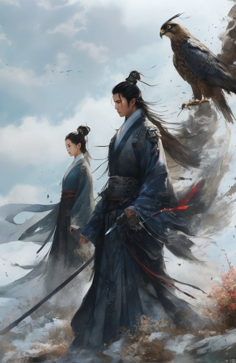  (Masterpiece, best picture quality), a giant falcon in the sky, a young handsome swordsman along with beautiful young woman by his side (((young swordsman, and young beautifyl woman))), (((a giant falcon flying in the sky along with man and woman)))
ultra high definition photo quality, shanhaijing, BJ_Sacred_beast, Chinese_armor, Illustration, gugong, ananmo, Swordsman