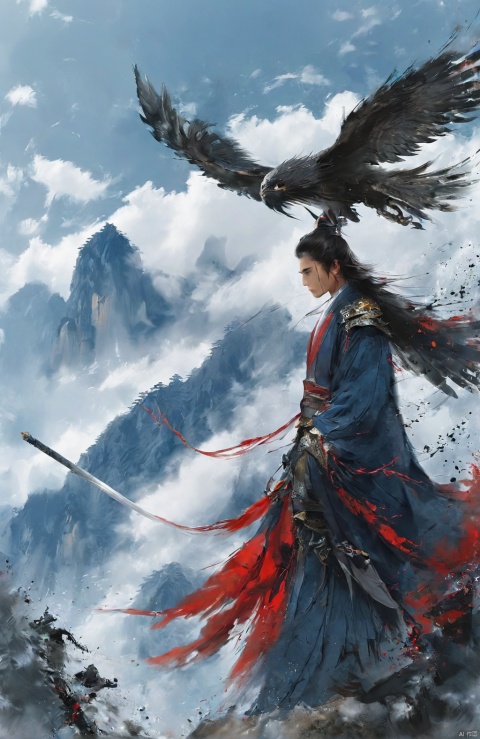  (Masterpiece, best picture quality), a giant falcon in the sky, a young handsome swordsman along with beautiful young woman by his side (((young swordsman, and young beautifyl woman))), (((a giant falcon flying in the sky along with man and woman)))
ultra high definition photo quality, shanhaijing, BJ_Sacred_beast, Chinese_armor, Illustration, gugong, ananmo, Swordsman