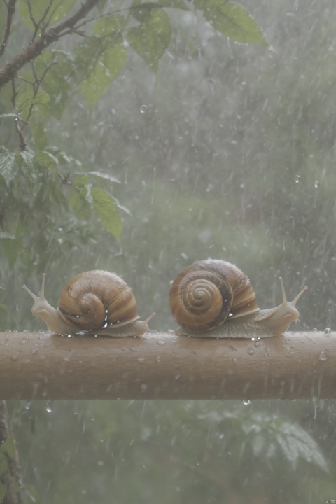  ((masterpiece)), ((best quality)), 3D animation style, two cute snails sitting on the tree branch looking at the rainforrest raining (Two snails sitting side-by-side:1.3)
, 3d stely, paopaoma