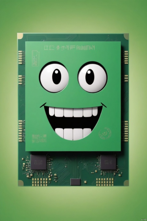  masterpiece, best quality, 3D cartoon art, poster quality, 1 IC chip with a pair big cartoon eyes on top and two arms on each side of the IC chip and legs on the bottom side of the IC chip(IC chip a pair cartoon eyes:1.1), (IC chip a pair human arms on each right and left side of chip:1.4), (IC chip a pair human legs on bottom side of IC chip:1.4), (IC Chip with smile:1.3), surface of the IC chip printed "GPU", (IC Chip running:1.4), (flat green background:1.4)
