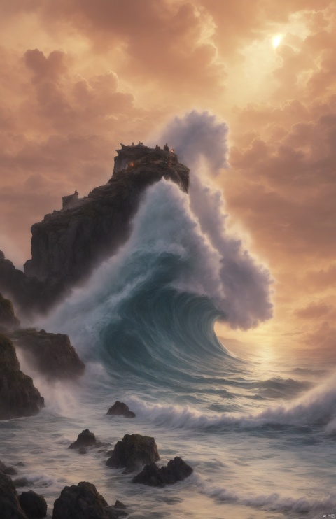  master quality, high definition, 3D animation quality, massive ocean with giant waves, dark cloud looming, lighting strike in the distant,2Dconceptualdesign,ZGGJZ,XiuxianSect,山水, Xiuxian Sect, modelshoot style, ZGGJZ, FANTASY