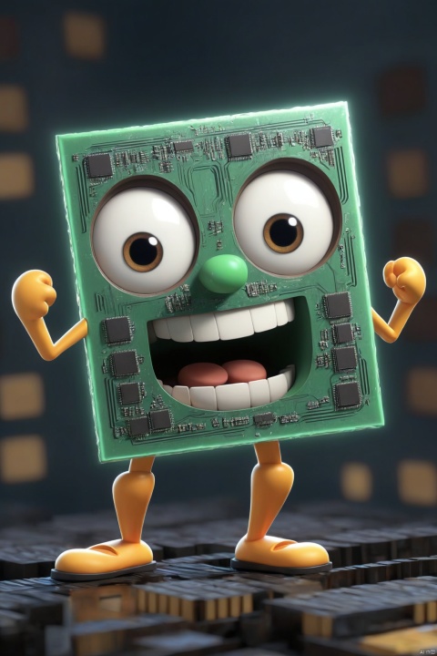  masterpiece, best quality, 3D cartoon art, poster quality, 1 IC chip with a pair big cartoon eyes on top and two arms on each side of the IC chip and legs on the bottom side of the IC chip(IC chip a pair cartoon eyes:1.1), (IC chip a pair human arms on each right and left side of chip:1.4), (IC chip a pair human legs on bottom side of IC chip:1.4), (IC Chip with smile:1.1), surface of the IC chip printed "GPU", (IC Chip running:1.4)
