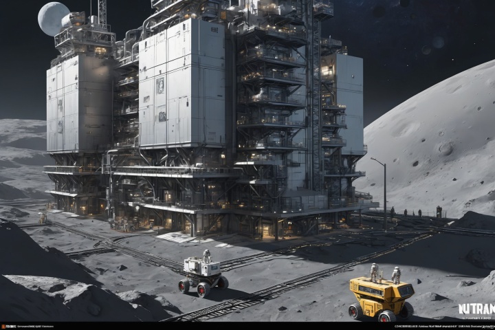  nobody, space suits, spaceships, robots, the surface of the moon, mining factories, Future City, Realistic,(masterpiece:1.2),(best quality:1.2),(ultra detailed:1.2),(official art:1.3),(beauty and aesthetics:0.9),detailed,(intricate:0.7),(highly detailed),