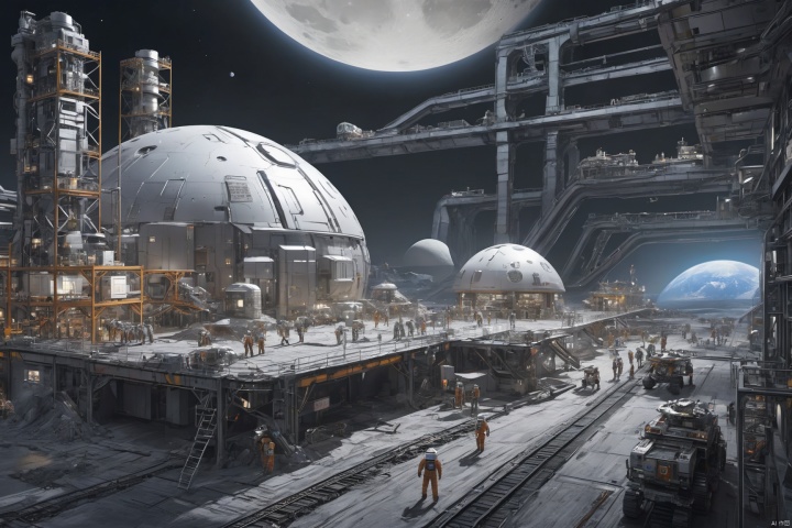  a chinese Men, space suits, spaceships, robots, the surface of the moon, mining factories, Future City, Realistic,(masterpiece:1.2),(best quality:1.2),(ultra detailed:1.2),(official art:1.3),(beauty and aesthetics:0.9),detailed,(intricate:0.7),(highly detailed),