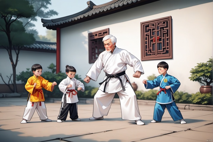  cartoon,A very spiritual white-haired old grandfather is guiding four children to practice kung fu, boxing, training clothes, Chinese kung fu, Chinese martial arts, Chinese people, under the tree,