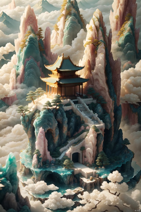  ((Best Quality)),((Masterpiece)),(Details),Miniature landscape,Chinese style,jade carving,(amethyst:0.4),mountains,ancient buildings in the clouds,realistic details,very good light transmittance,miniature sculpture,jade,three-dimensional,3D,blender,C4D,,