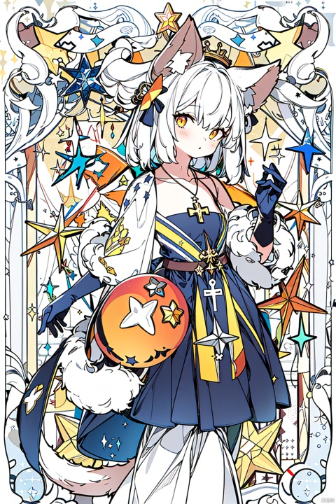  1girl, animal_ears, cross, furry, furry_female, gloves, orange_eyes, solo, sparkle, star_\(symbol\), star_hair_ornament, star_necklace, star_pasties, star_print, starfish, starry_background, tail, white_hair, yellow_background, yellow_theme, Ink and wash, mjtyhz, niji