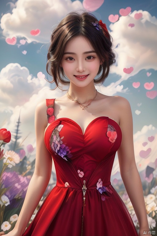 1girl,looking at viewer, black hair, bare shoulders, medium breasts, closed mouth, collarbone,sky,(heart-shaped cloud:1.4),  (flowers mark,red dress:1.4), (smile:1.3),lips, realistic, red lips,jxmn