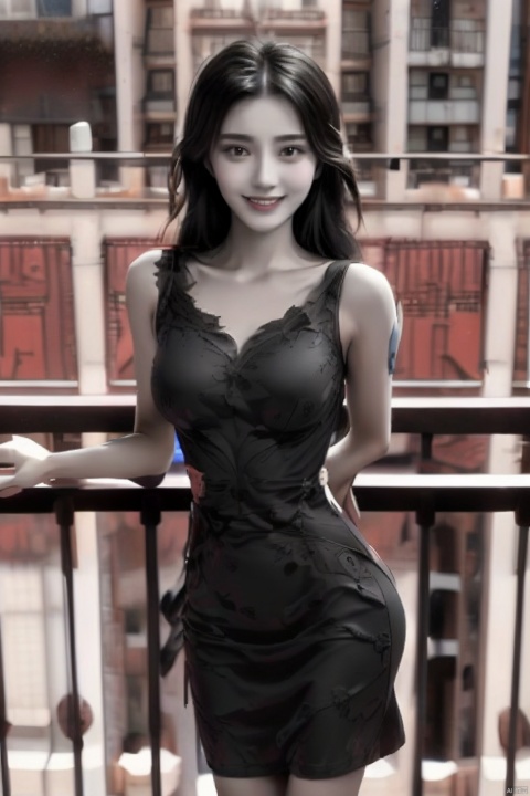 1girl, solo, long hair, breasts, looking at viewer, black hair, dress, cleavage, bare shoulders, medium breasts, sitting, closed mouth, collarbone,(balcony:1.4),  (multy color dress:1.4), (smile:1.3),lips, realistic, red lips,jxmn