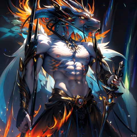 Dragon tamer holding a scepter, dragon head, muscular figure, abdominal muscle torn, aurora background behind him