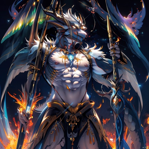 A dragon tamer with three heads and six arms, holding a scepter, a dragon head, a muscular figure, a person with torn abdominal muscles, and an aurora background behind them