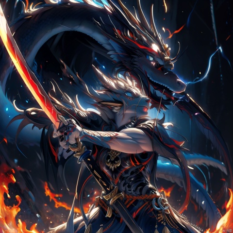 Dragon tamer, wielding a sword, muscular, powerful and domineering