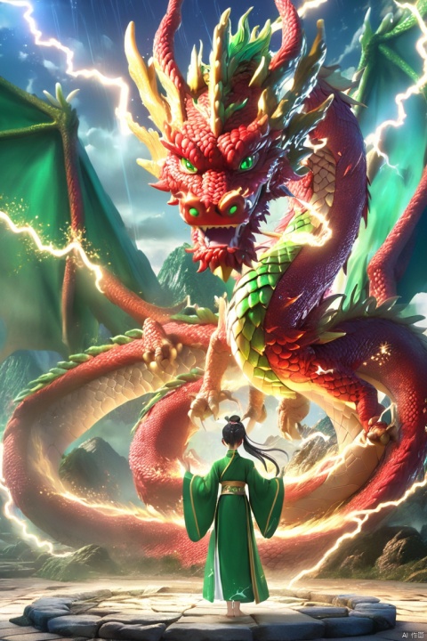  Nian Wei Nong Meng baby sparkling, dragon crown 3 legs red dragon robe green dragon robe looked at the viewer's eyes shot lightning long-sleeved reality separated lips background