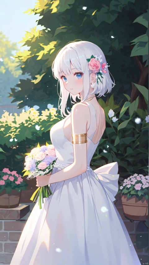  solo, 1girl, dress, flower, blue eyes, looking at viewer, long hair, hair ornament, white dress, hair flower, holding, bangs, white hair, bouquet, armlet, pink flower, sleeveless dress, bare shoulders, from side, sleeveless, holding bouquet, outdoors, breasts, rose, blush, closed mouth