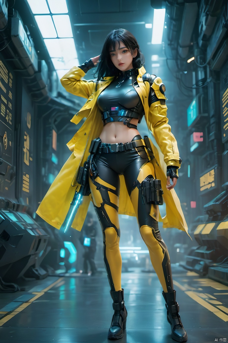  1girl,Future style gel coat,Future Combat Suit,black hair,breasts,cyberpunk,full body,gun,Yellow and black gel coats,Exposing the navel,Weapons on the side of the arm,Character design hologram,jacket,long hair,open clothes,realistic,science fiction,solo,standing,Holographic background