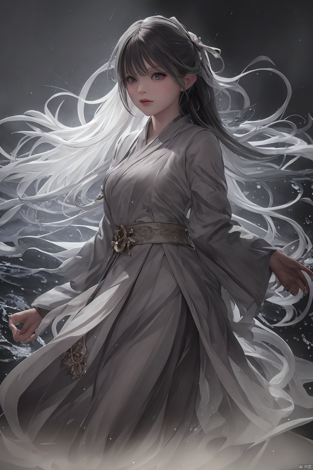  High detailed, masterpiece, Cowboy lens, 1 girl, solo, female focus, Gray hair: 1.4, long hair, ponytail, （Black, Hanfu|kimono）, Suspended water waves:1.35, Water Droplet Splash:1.35, (In the rain：1.35), /（Suspension), /, Hold a sword in hand: 1.31/(swords.), Blade, / Sword hilt, scabbard, Depodh) /, special effects, holographic display, fine gloss, full length shot, Oil painting texture, (Black Background: 1.3), lamer, Outdoor, light master, ray tracing：1.2, reflection light：1.25, Contrast ratio: 1.1, 3D, Futurism, anaglyph, Surrealism, motion blur, cinematic lighting, motion lines, Depth of field, ray tracing, sparkle, UHD, 8K, best quality, textured skin, 1080P, ccurate, splash water