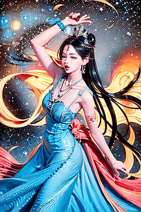  This is a motion picture, very good dance posture, representative,best
quality,1girl, bare
shoulders, dress, hair
accessories, blue dress, solo, black hair, long hair, bun,jewelry, earrings, cowboy shot, dynamic pose, dynamic Angle, this is a motion picture.