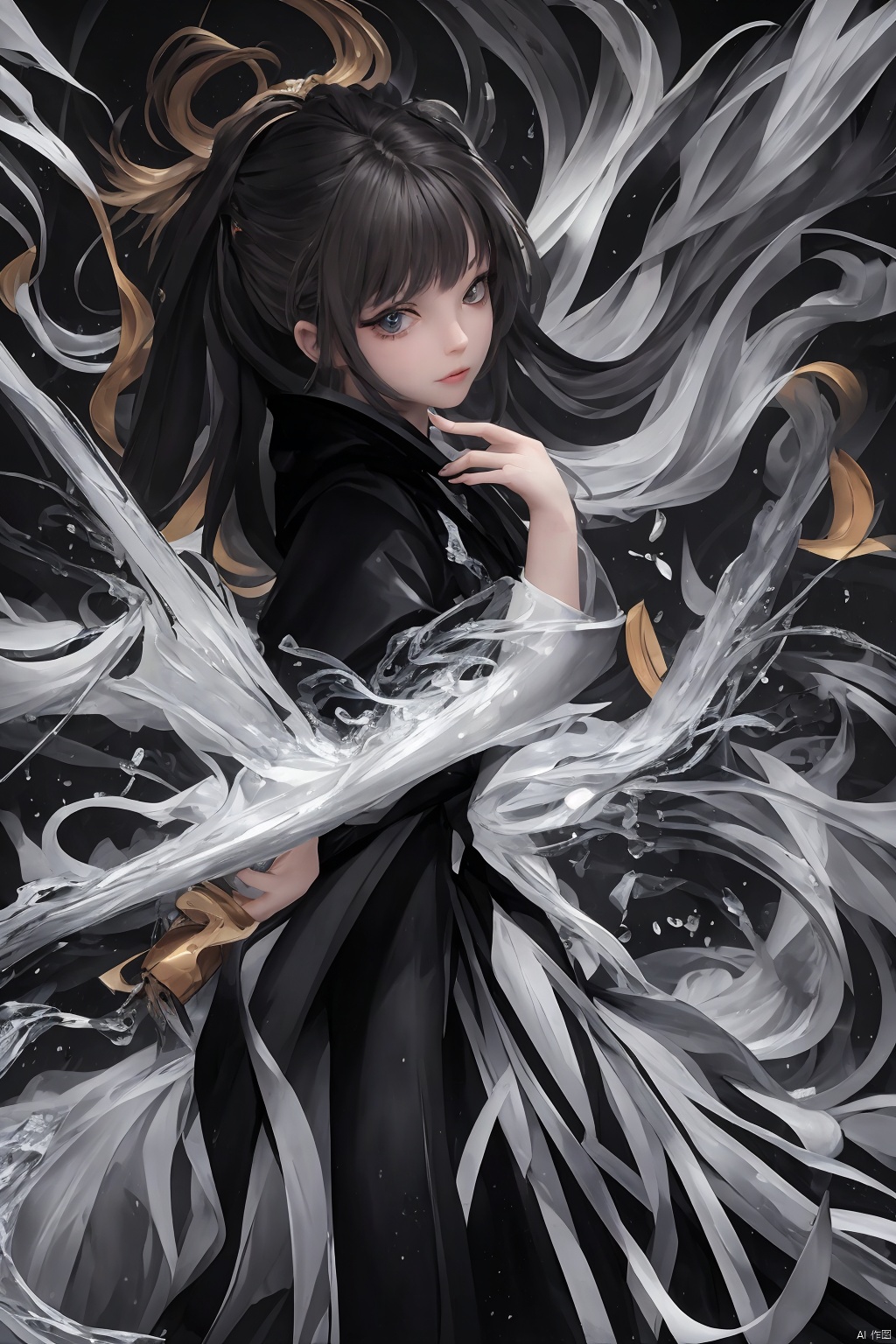  High detailed, masterpiece, Cowboy lens, 1 girl, solo, female focus, Gray hair: 1.4, long hair, ponytail, （Black, Hanfu|kimono）, Suspended water waves:1.35, Water Droplet Splash:1.35, (In the rain：1.35), /（Suspension), /, Hold a sword in hand: 1.31/(swords.), Blade, / Sword hilt, scabbard, Depodh) /, special effects, holographic display, fine gloss, full length shot, Oil painting texture, (Black Background: 1.3), lamer, Outdoor, light master, ray tracing：1.2, reflection light：1.25, Contrast ratio: 1.1, 3D, Futurism, anaglyph, Surrealism, motion blur, cinematic lighting, motion lines, Depth of field, ray tracing, sparkle, UHD, 8K, best quality, textured skin, 1080P, ccurate, splash water