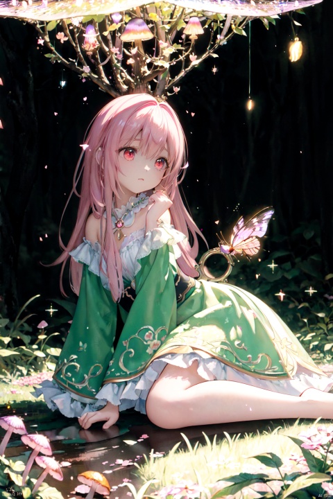 masterpiece,best quality,high quality,extremely detailed CG unity 8k wallpaper,An enchanting and dreamy scene of a fantasy forest,(with towering trees),(pink),glowing mushrooms,and hidden fairy glens,creating a sense of mystique and enchantment BREAK (1 cute girl, solo, chasing fireflies:1.5, full body),artstation,digital illustration,intricate,trending,pastel colors,oil paiting,award winning photography,Bokeh,Depth of Field,HDR,bloom,Chromatic Aberration,Photorealistic,extremely detailed,trending on artstation,trending on CGsociety,Intricate,High Detail,dramatic, Anime