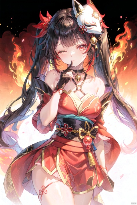  best quality, amazing quality, very aesthetic, absurdres, 1girl,🤫,one eye closed,huahuo,twintails,bare shoulders,fox mask,mask on head,red dress,detached sleeves,black gloves,jingle bell,choker,obi,kimono,tattoo,headwear,solo,flames,liquid,flower,background,colorful, looking at viewer,lace-trimmed.