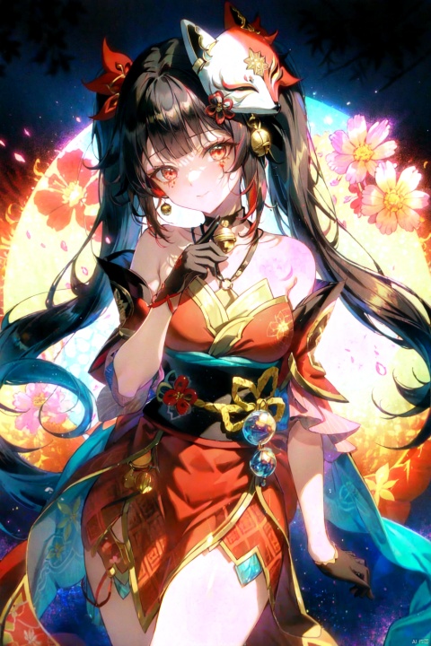  best quality, amazing quality, very aesthetic, absurdres, 1girl,🤫,glint,naughty face,huahuo,twintails,bare shoulders,fox mask,mask on head,red dress,detached sleeves,black gloves,jingle bell,choker,obi,kimono,tattoo,headwear,solo,flames,liquid,flower,background,colorful, looking at viewer.