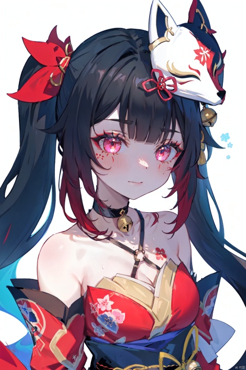  best quality, amazing quality, very aesthetic, absurdres, 1girl,🤫,glint,naughty face,huahuo,twintails,bare shoulders,fox mask,mask on head,red dress,detached sleeves,black gloves,jingle bell,choker,obi,kimono,tattoo,headwear,solo,flames,liquid,flower,background,colorful, looking at viewer.