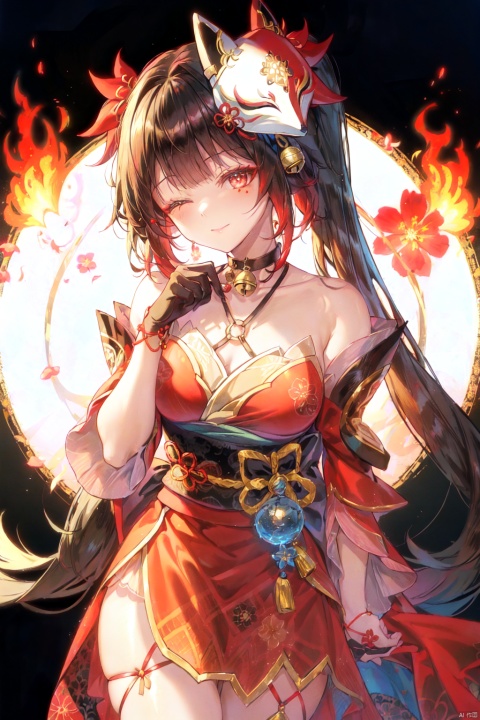  best quality, amazing quality, very aesthetic, absurdres, 1girl,🤫,one eye closed,naughty face,huahuo,twintails,bare shoulders,fox mask,mask on head,red dress,detached sleeves,black gloves,jingle bell,choker,obi,kimono,tattoo,headwear,solo,flames,liquid,flower,background,colorful, looking at viewer,lace-trimmed.