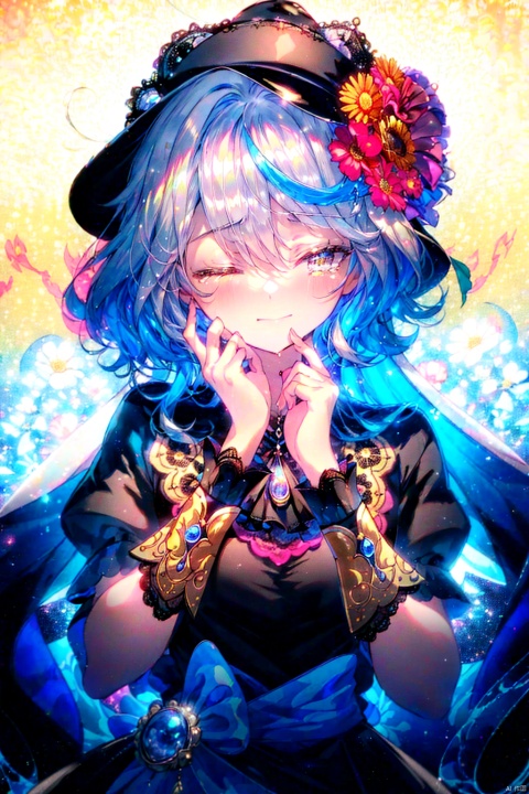  best quality, amazing quality, very aesthetic, absurdres, 1girl,rubbing eyes, happy tears,one eye closed,furina,headwear,solo,flames,liquid,flower,background,colorful, looking at viewer,lace-trimmed.