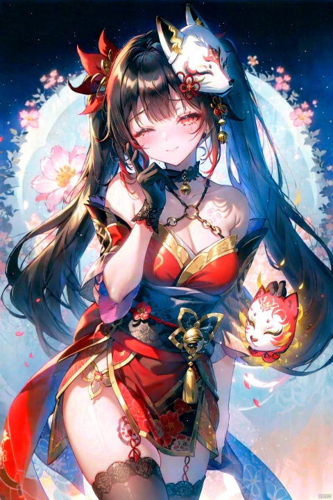  best quality, amazing quality, very aesthetic, absurdres, 1girl,rubbing eyes, happy tears,one eye closed,huahuo,twintails,bare shoulders,fox mask,mask on head,red dress,detached sleeves,black gloves,jingle bell,choker,obi,kimono,tattoo,headwear,solo,flames,liquid,flower,background,colorful, looking at viewer,lace-trimmed.,huahuo