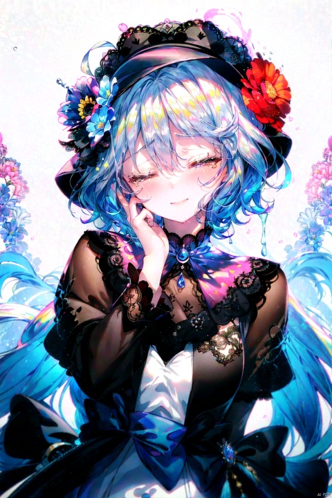  best quality, amazing quality, very aesthetic, absurdres, 1girl,rubbing eyes, happy tears,one eye closed,furina,headwear,solo,flames,liquid,flower,background,colorful, looking at viewer,lace-trimmed.