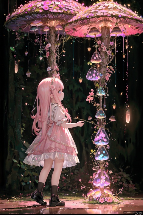 masterpiece,best quality,high quality,extremely detailed CG unity 8k wallpaper,An enchanting and dreamy scene of a fantasy forest,(with towering trees),(pink),glowing mushrooms,and hidden fairy glens,creating a sense of mystique and enchantment BREAK (1 cute girl, solo, chasing fireflies:1.5, full body),artstation,digital illustration,intricate,trending,pastel colors,oil paiting,award winning photography,Bokeh,Depth of Field,HDR,bloom,Chromatic Aberration,Photorealistic,extremely detailed,trending on artstation,trending on CGsociety,Intricate,High Detail,dramatic, Anime