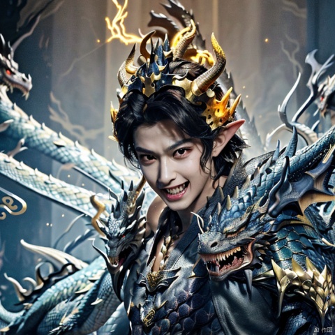  best quality，masterpiece,1 Dragon, Nobody, Scales, Fangs, Sharp Teeth, Solo, Masterpiece, Best Quality,, Dragon King of the East, Scales, All-over Golden Light, Dragon Horns, Glowing Laser Eyes,uninhabited