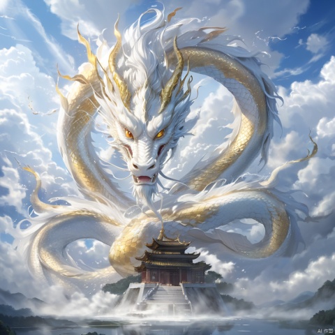  best quality，masterpiece,The golden dragon soared into the sky, soaring among the blue sky and white clouds